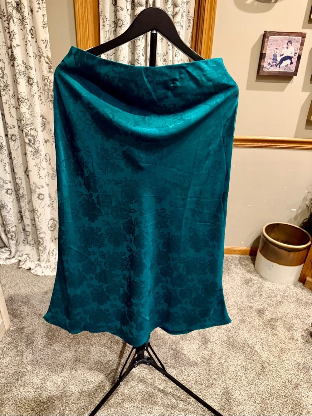 Dark Teal Floral Satin Midi Skirt